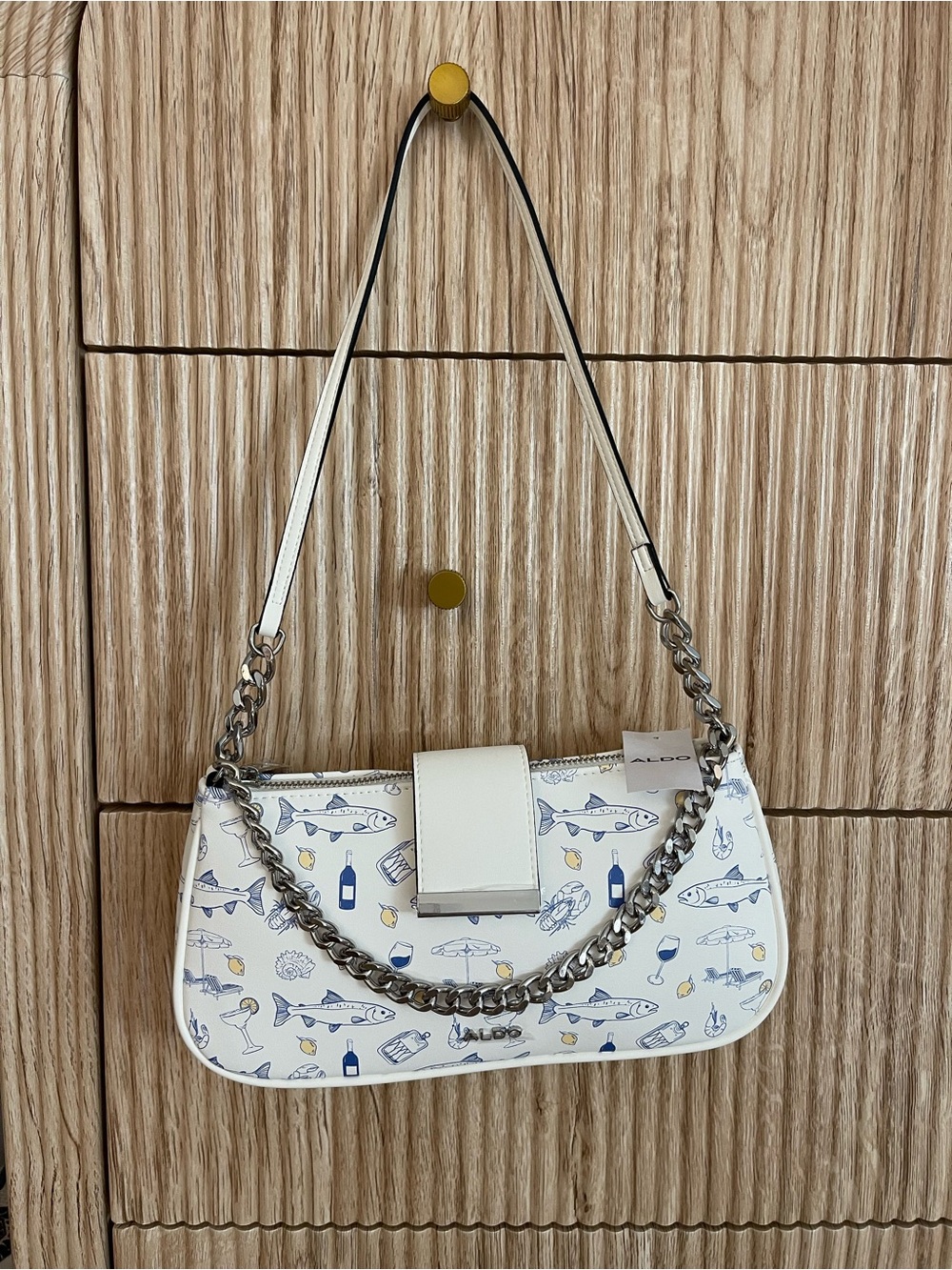 ALDO White Shoulder Bag with Mediterranean Summer Print and Silver Chain-New